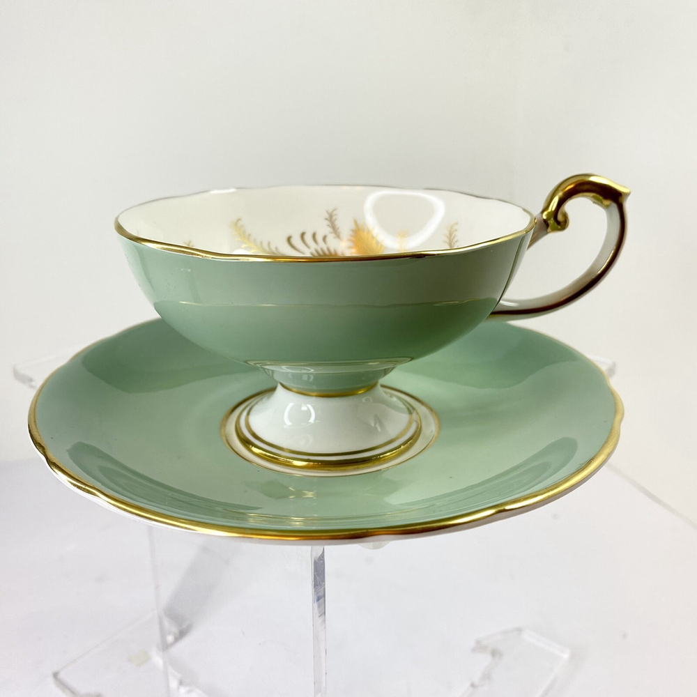 Sage Green Pedestal with Gold Leaf Design Aynsley Tea Cup and Saucer Set
